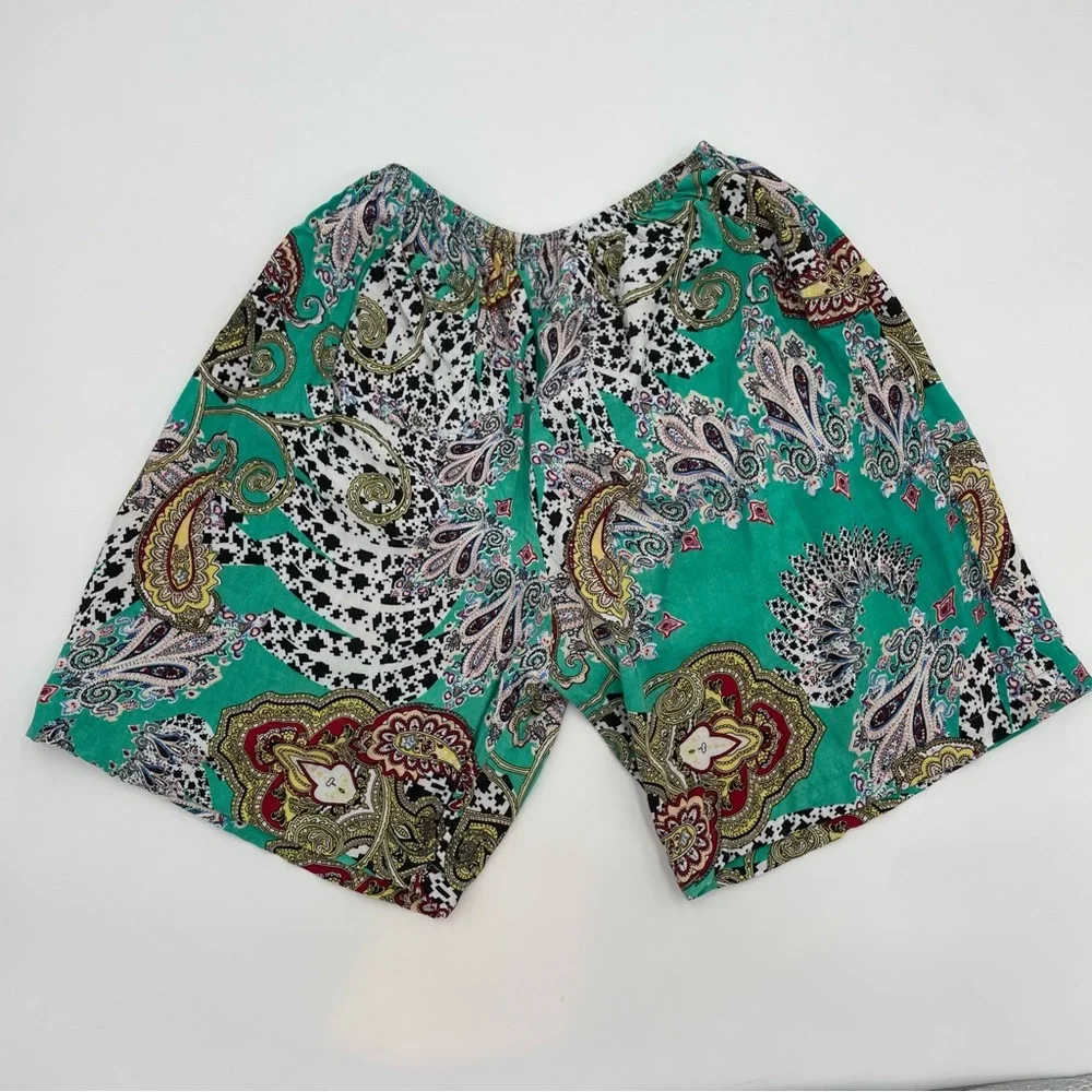 Paisley Shorts Women Lightweight‎ Boho Elastic Waistband PJs Casual Green White